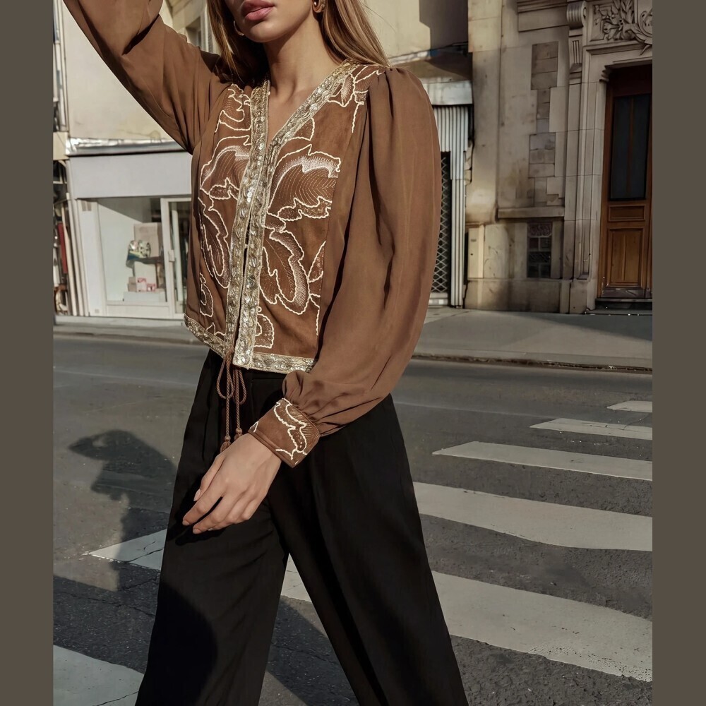 Brown / White Leaf Embroidered V Neck Tasseled Tie Front Loose Blouse